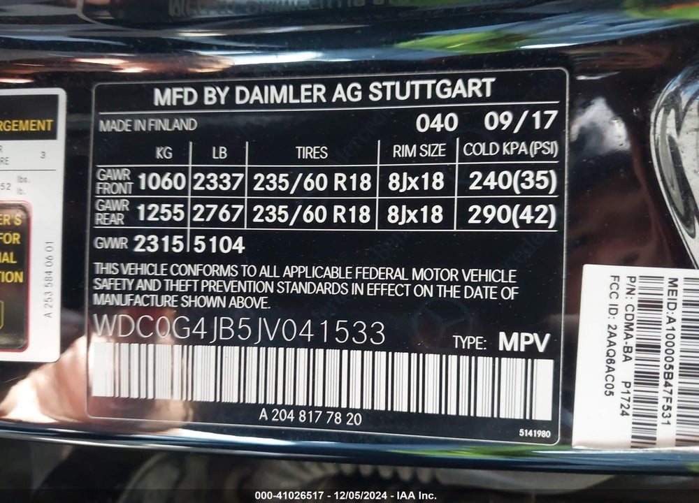 2018 MERCEDES-BENZ GLC CLASS VIN: WDC0G4JB5JV041533