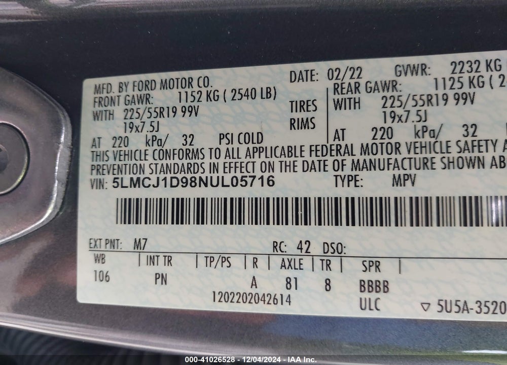 2022 LINCOLN CORSAIR STANDARD VIN: 5LMCJ1D98NUL05716
