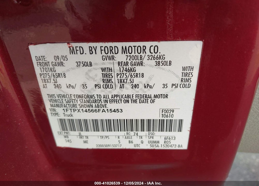 2006 FORD F150 VIN: 1FTPX14566FA15453
