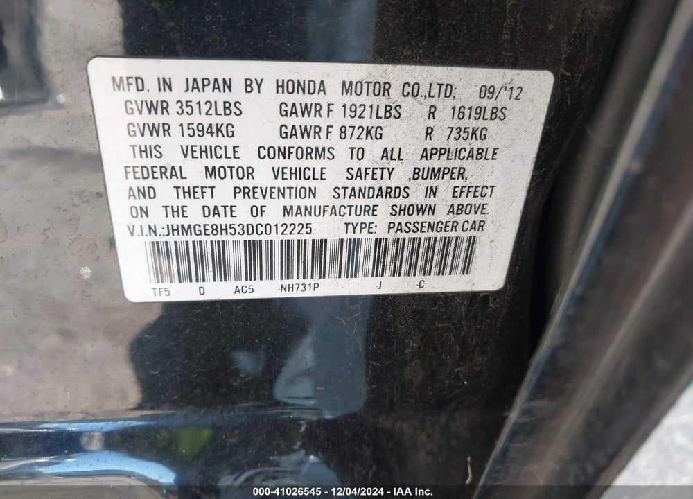 2013 HONDA FIT SPORT VIN: JHMGE8H53DC012225