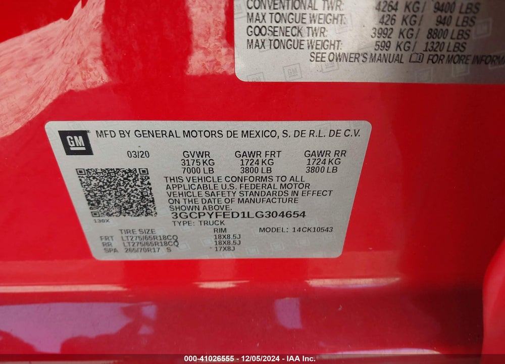 2020 CHEVROLET SILVERADO 1500 4WD SHORT BED LT TRAIL BOSS VIN: 3GCPYFED1LG304654