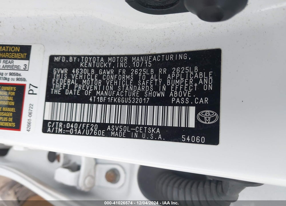 2016 TOYOTA CAMRY SE VIN: 4T1BF1FK6GU532017