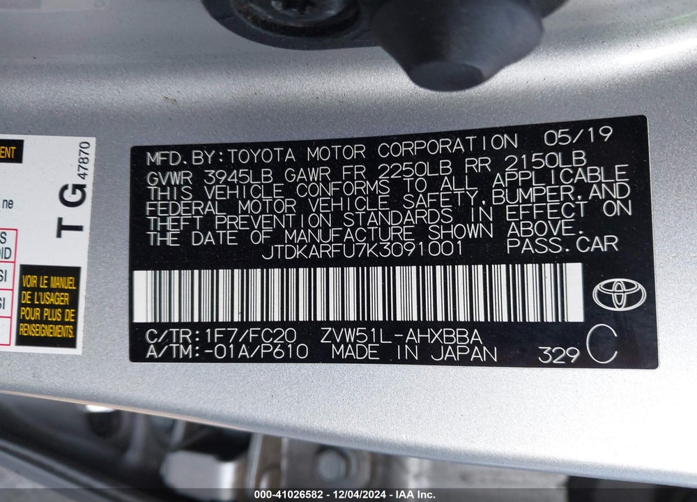 2019 TOYOTA PRIUS L ECO VIN: JTDKARFU7K3091001