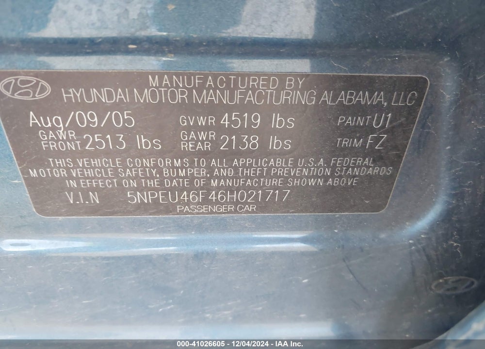 2006 HYUNDAI SONATA GLS V6/LX V6 VIN: 5NPEU46F46H021717