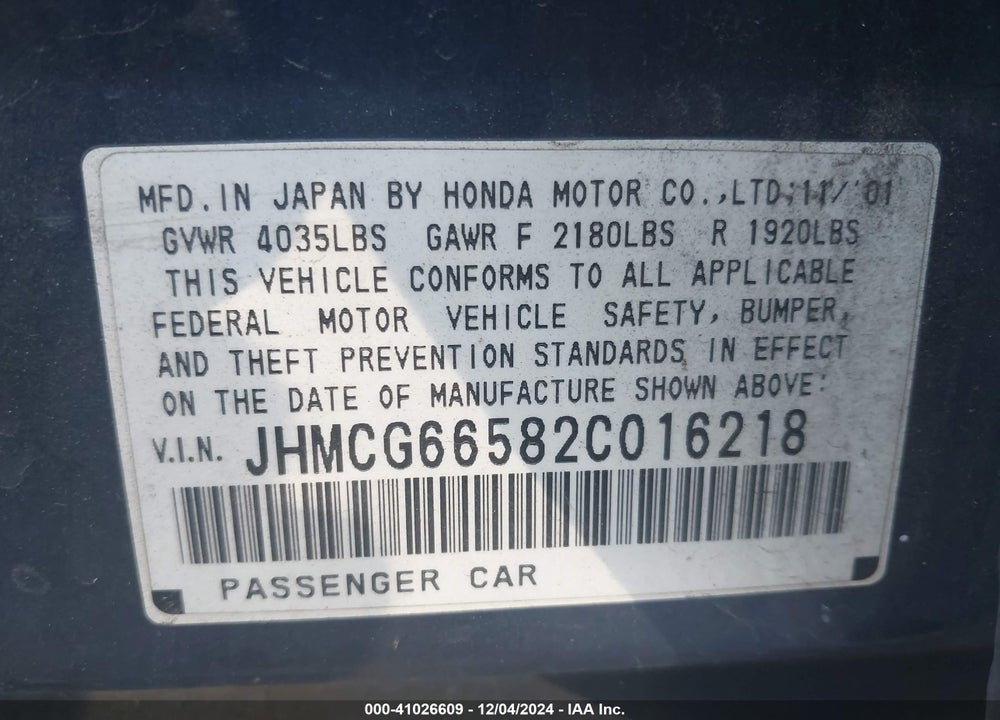 2002 HONDA ACCORD 2.3 LX VIN: JHMCG66582C016218