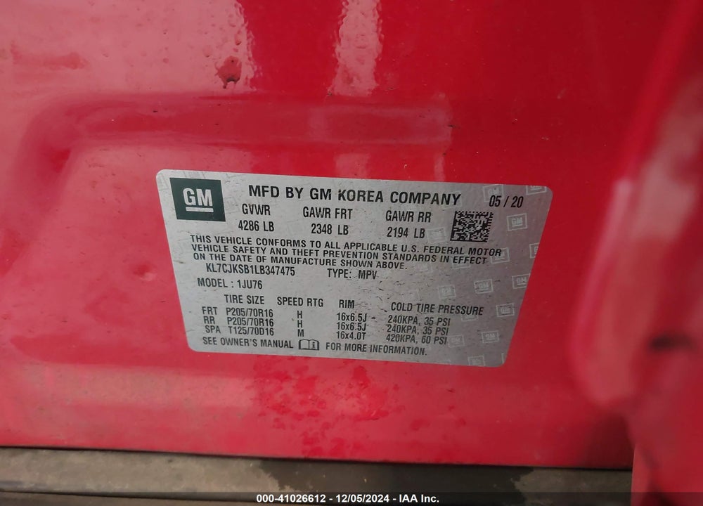 2020 CHEVROLET TRAX FWD LS VIN: KL7CJKSB1LB347475
