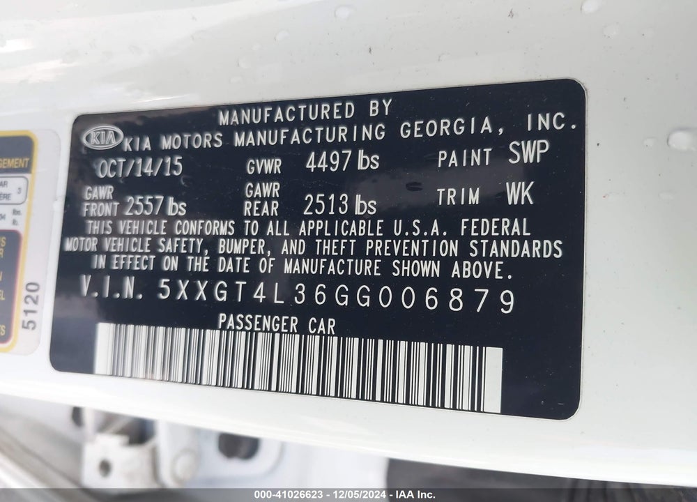 2016 KIA OPTIMA LX VIN: 5XXGT4L36GG006879
