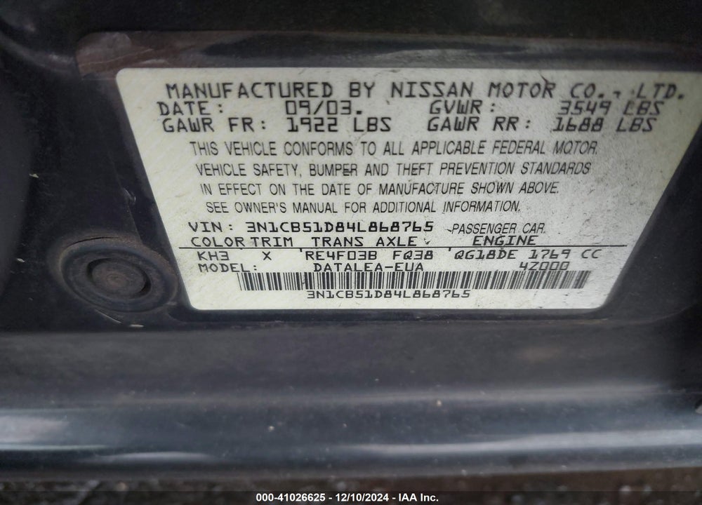 2004 NISSAN SENTRA 1.8S VIN: 3N1CB51D84L868765