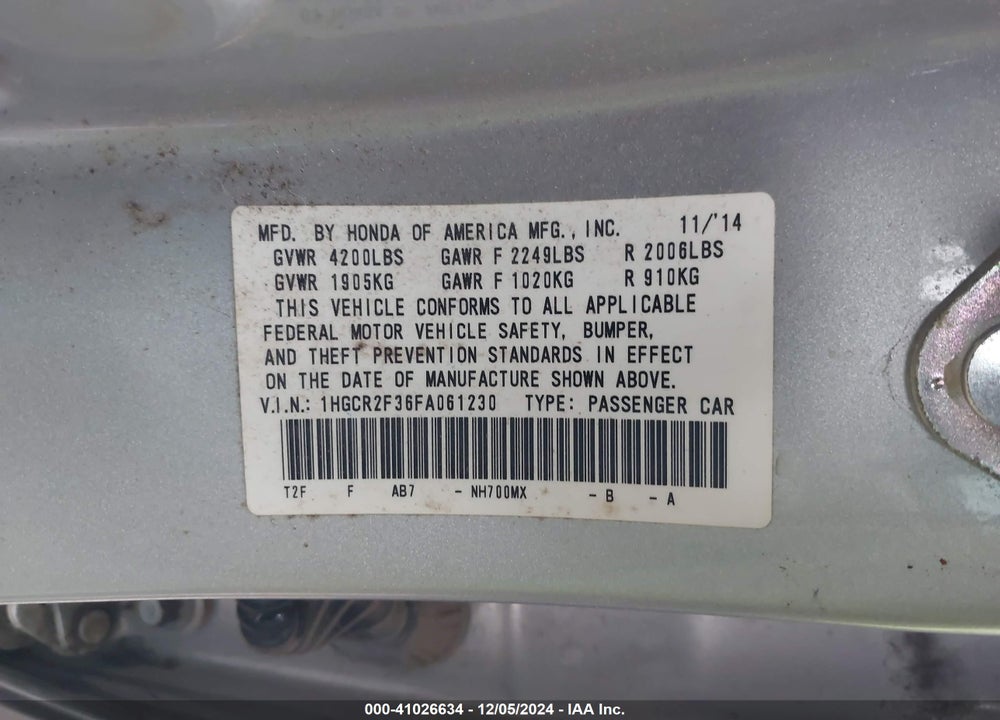 2015 HONDA ACCORD VIN: 1HGCR2F36FA061230