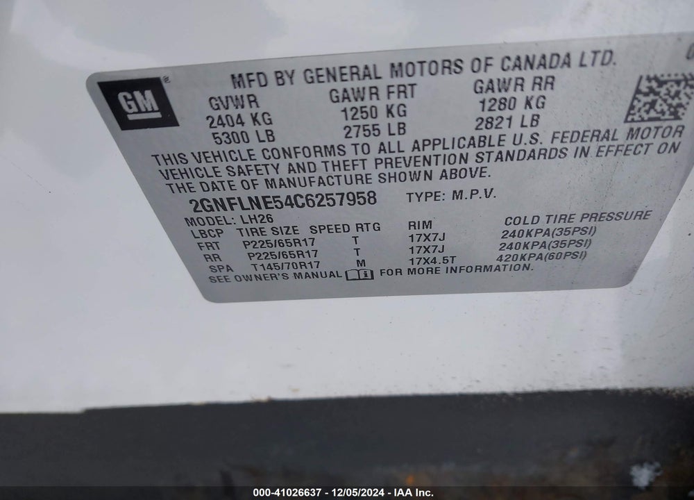 2012 CHEVROLET EQUINOX 2LT VIN: 2GNFLNE54C6257958