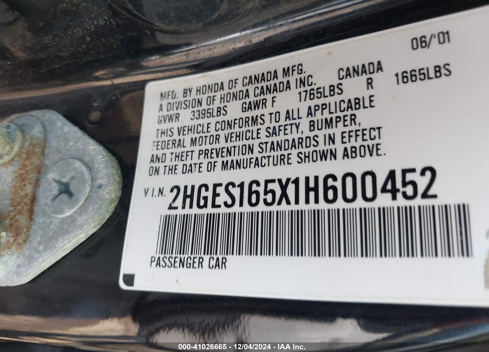2001 HONDA CIVIC VIN: 2HGES165X1H600452