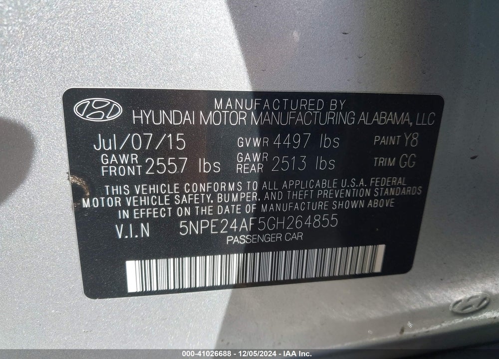 2016 HYUNDAI SONATA SE VIN: 5NPE24AF5GH264855