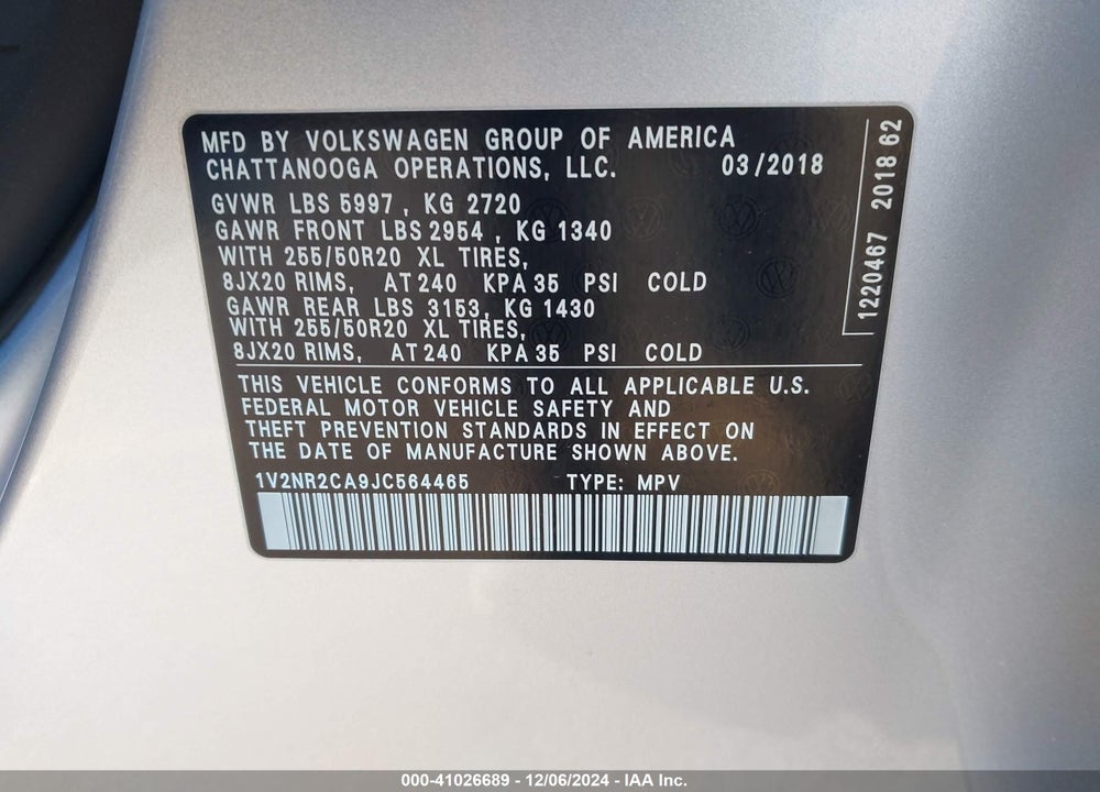 2018 VOLKSWAGEN ATLAS 3.6L V6 SEL PREMIUM VIN: 1V2NR2CA9JC564465