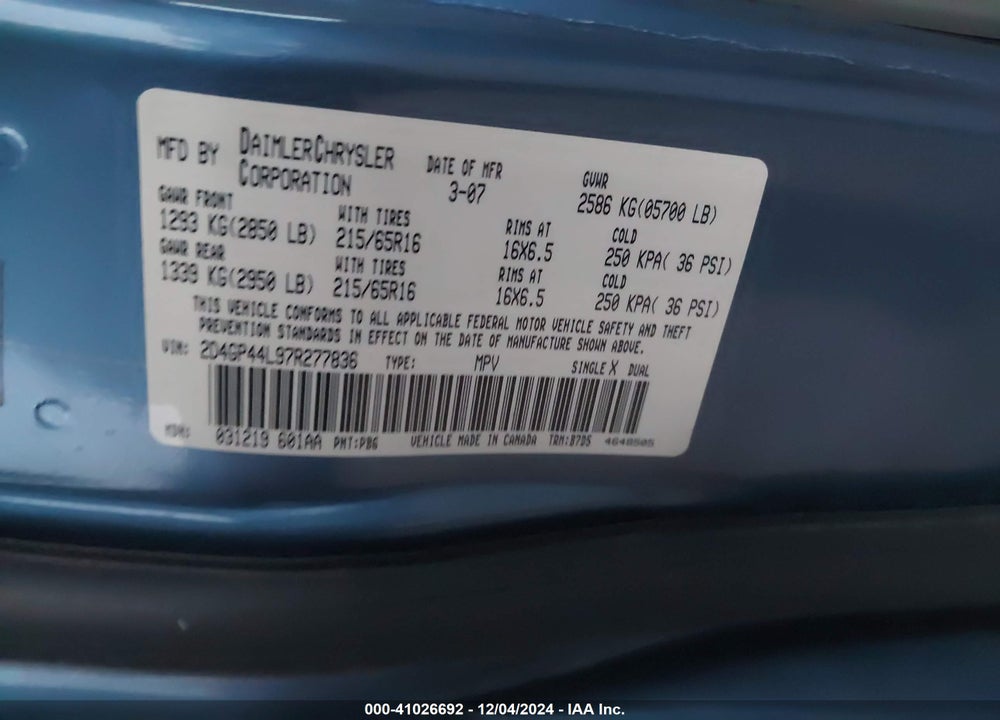 2007 DODGE GRAND CARAVAN SXT VIN: 2D4GP44L97R277836