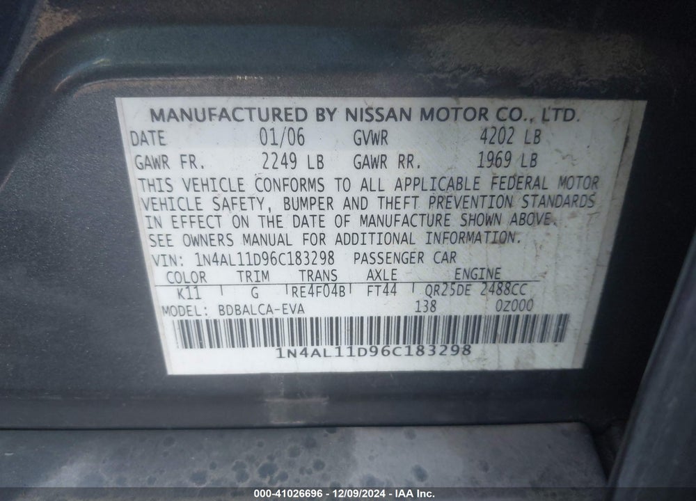 2006 NISSAN ALTIMA 2.5 S VIN: 1N4AL11D96C183298