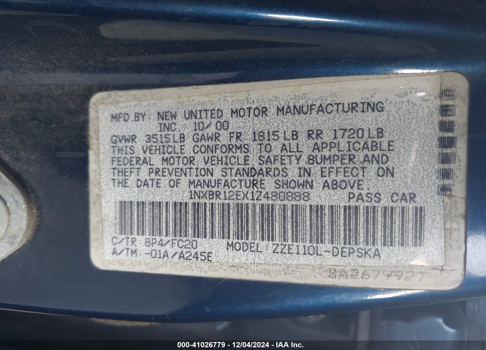 2001 TOYOTA COROLLA S VIN: 1NXBR12EX1Z480888