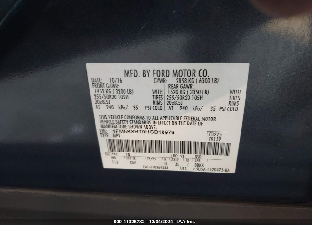 2017 FORD EXPLORER PLATINUM VIN: 1FM5K8HT0HGB18979