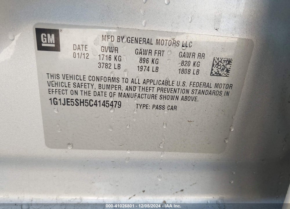 2012 CHEVROLET SONIC 2LZ VIN: 1G1JE5SH5C4145479