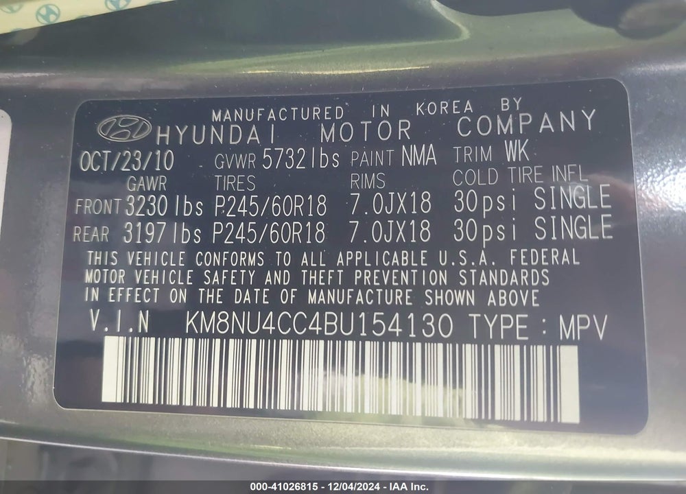 2011 HYUNDAI VERACRUZ LIMITED VIN: KM8NU4CC4BU154130