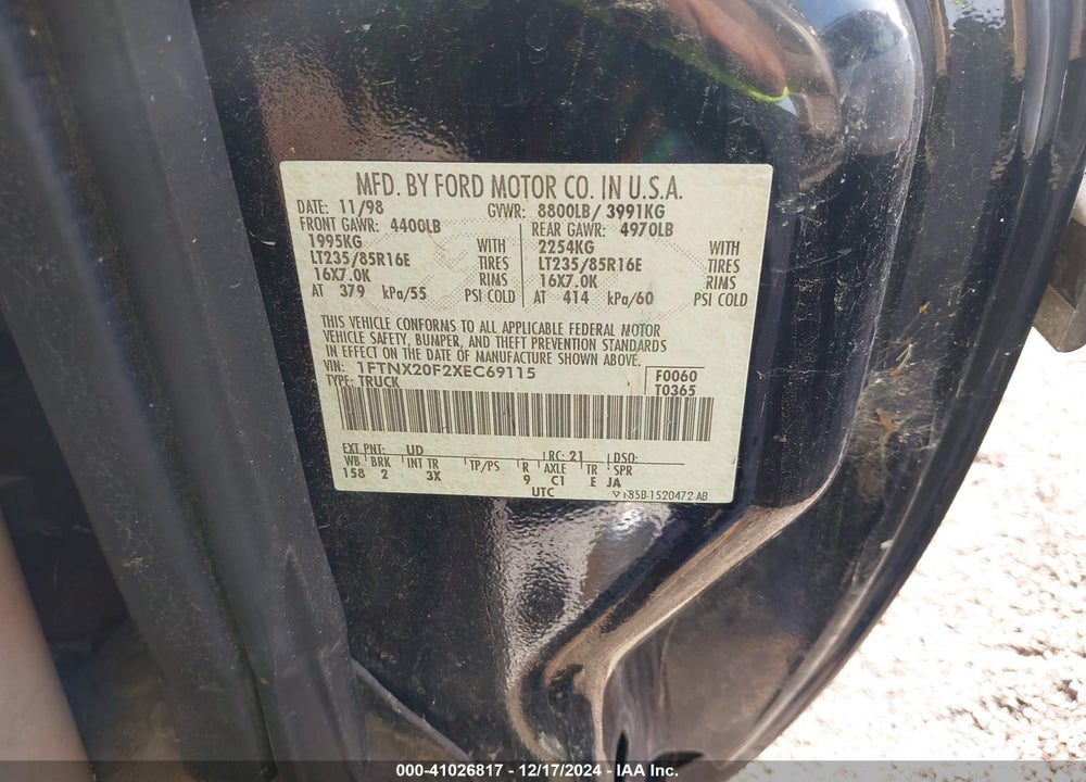 1999 FORD SUPER DUTY F-250 LARIAT/XL/XLT VIN: 1FTNX20F2XEC69115