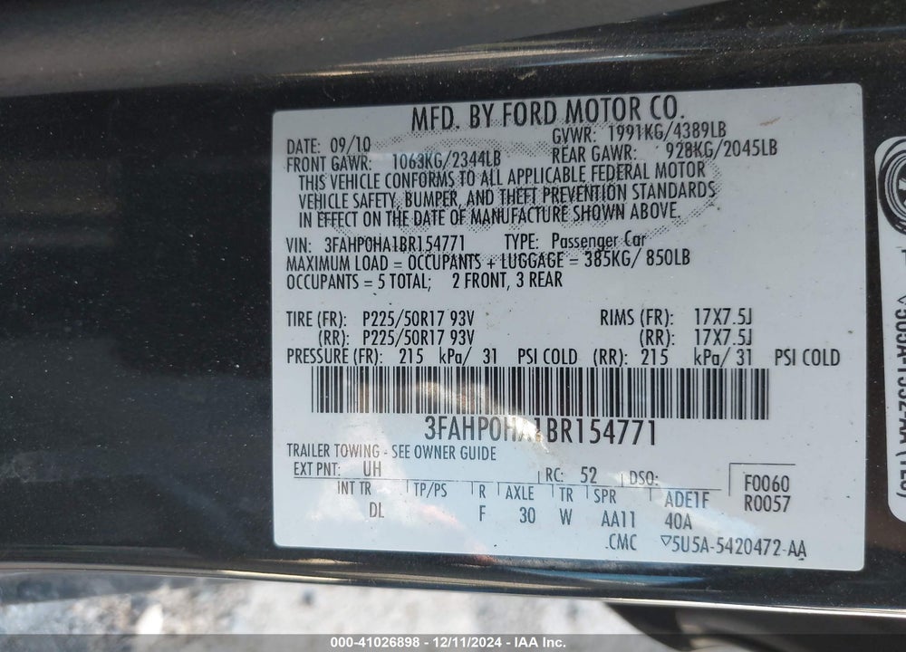 2011 FORD FUSION SE VIN: 3FAHP0HA1BR154771