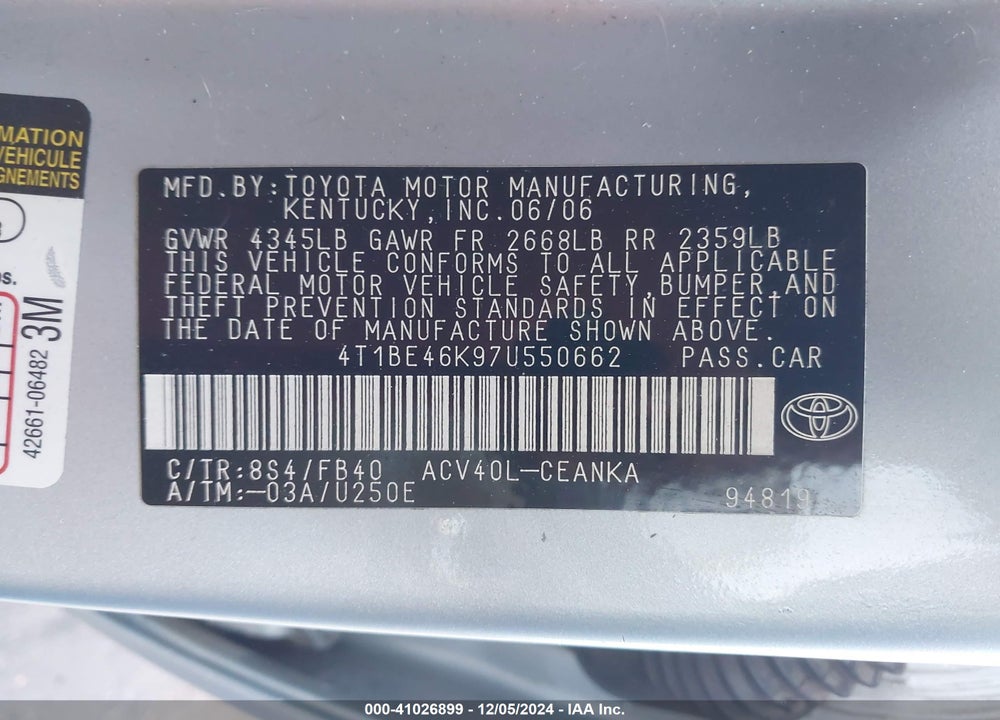 2007 TOYOTA CAMRY LE VIN: 4T1BE46K97U550662
