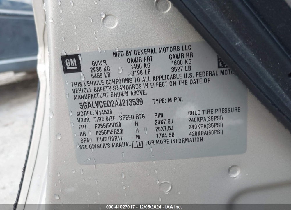 2010 BUICK ENCLAVE 2XL VIN: 5GALVCED2AJ213539