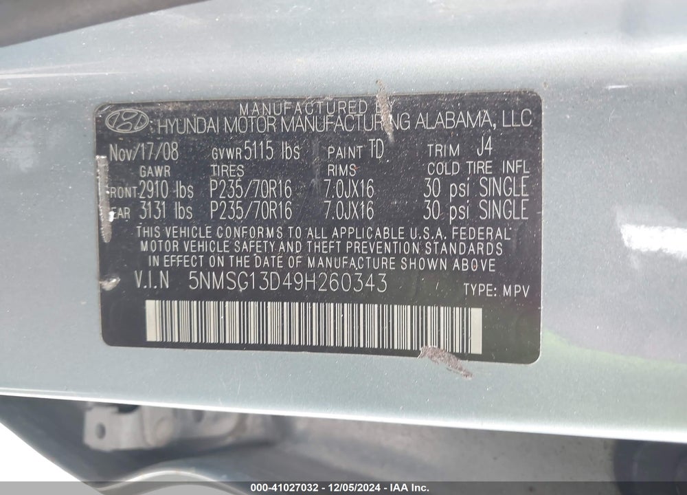 2009 HYUNDAI SANTA FE GLS VIN: 5NMSG13D49H260343