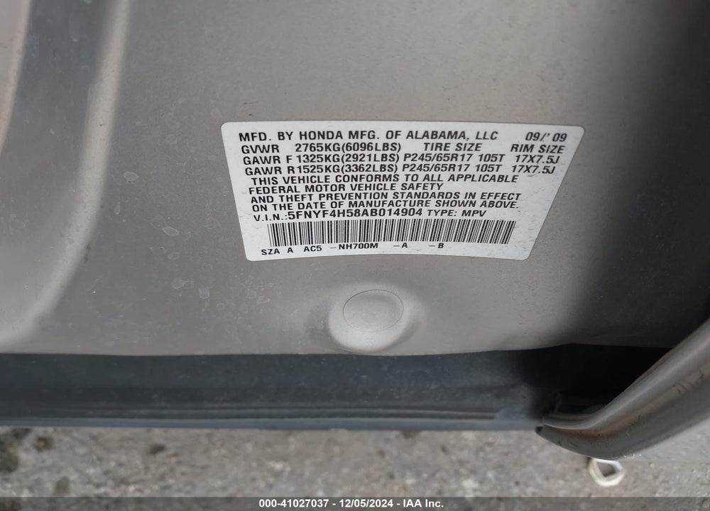 2010 HONDA PILOT EX-L VIN: 5FNYF4H58AB014904