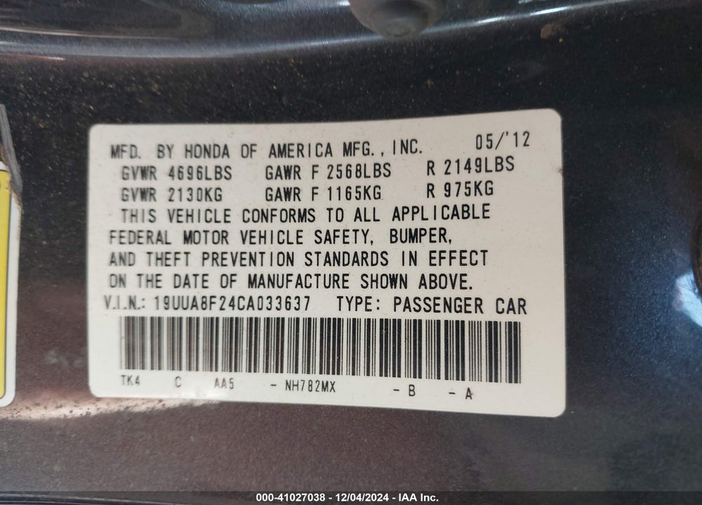 2012 ACURA TL 3.5 VIN: 19UUA8F24CA033637