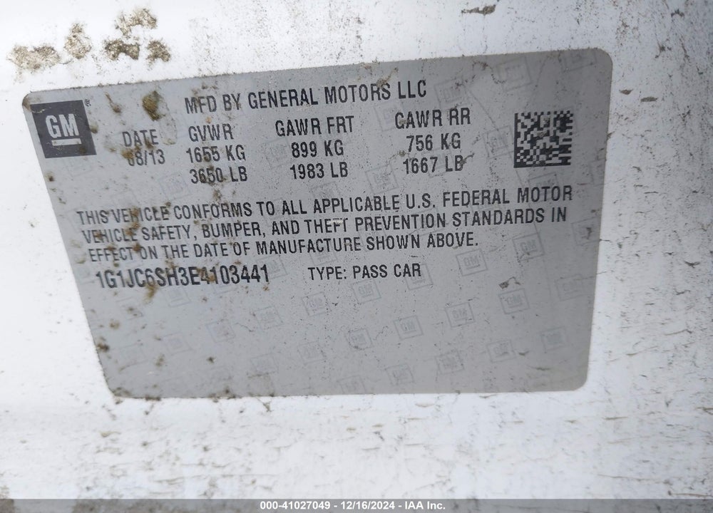 2014 CHEVROLET SONIC LT AUTO VIN: 1G1JC6SH3E4103441