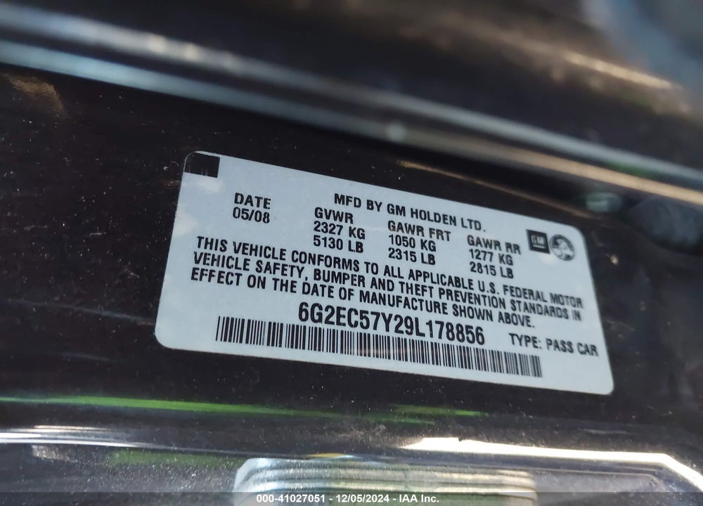 2009 PONTIAC G8 GT VIN: 6G2EC57Y29L178856
