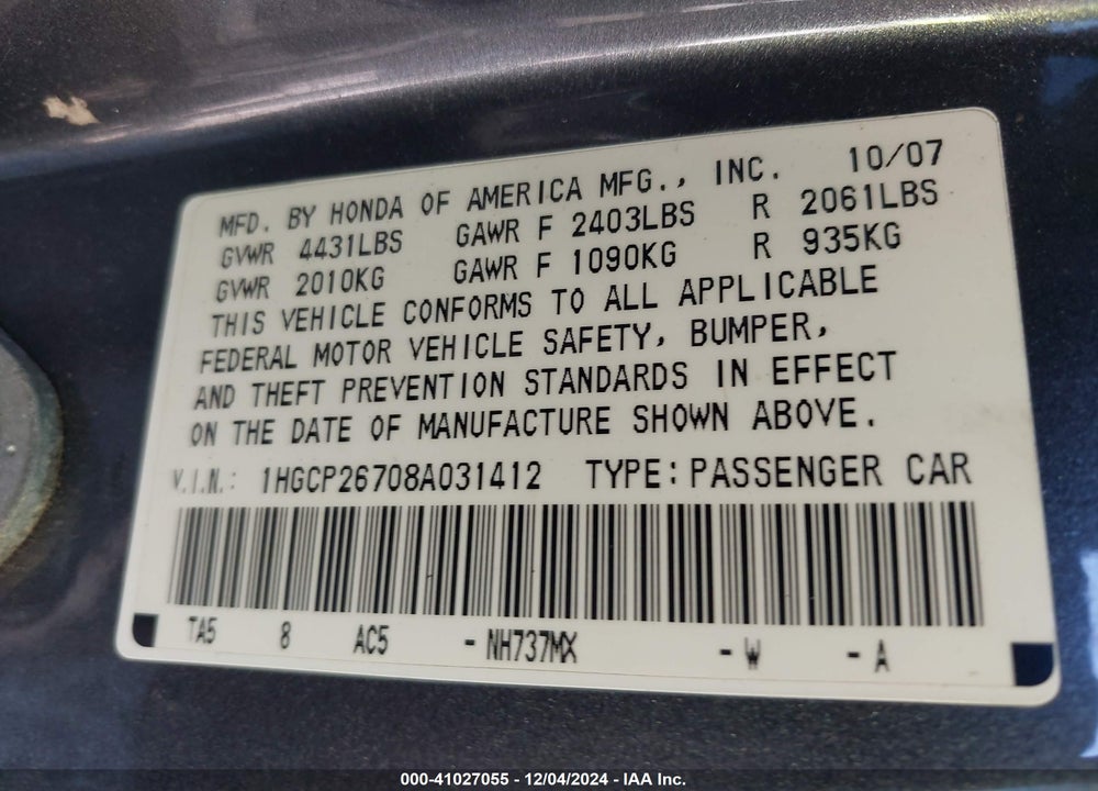 2008 HONDA ACCORD 2.4 EX VIN: 1HGCP26708A031412