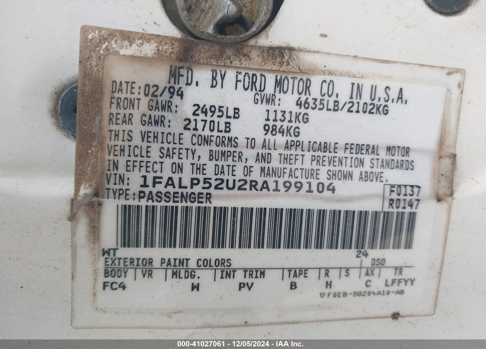 1994 FORD TAURUS GL VIN: 1FALP52U2RA199104