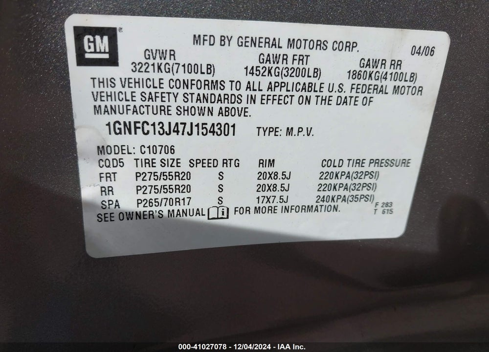 2007 CHEVROLET TAHOE LT VIN: 1GNFC13J47J154301