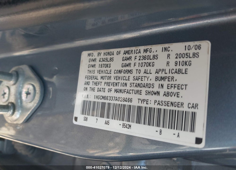 2007 HONDA ACCORD 3.0 LX VIN: 1HGCM66337A028466
