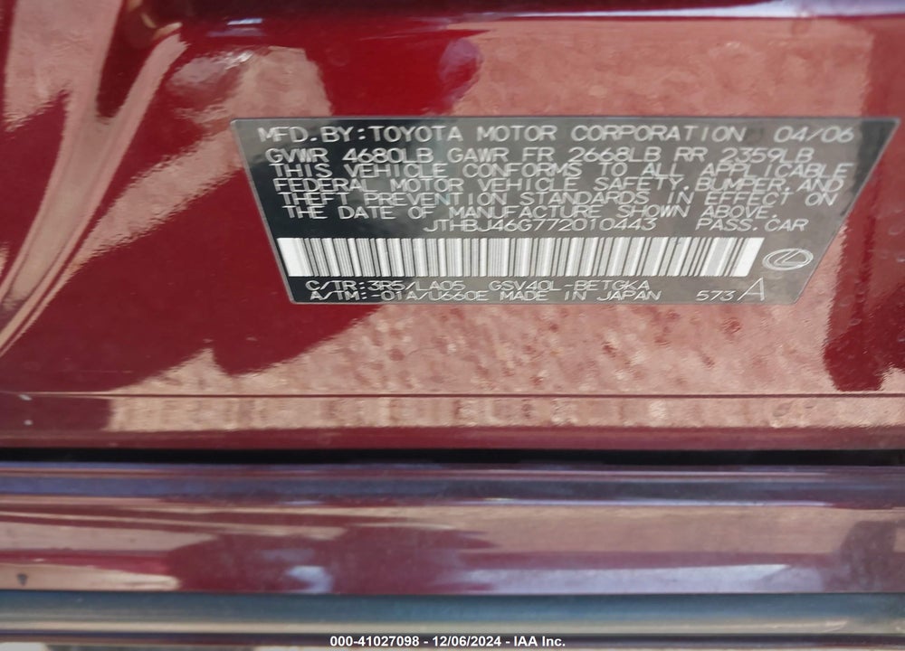 2007 LEXUS ES 350 VIN: JTHBJ46G772010443