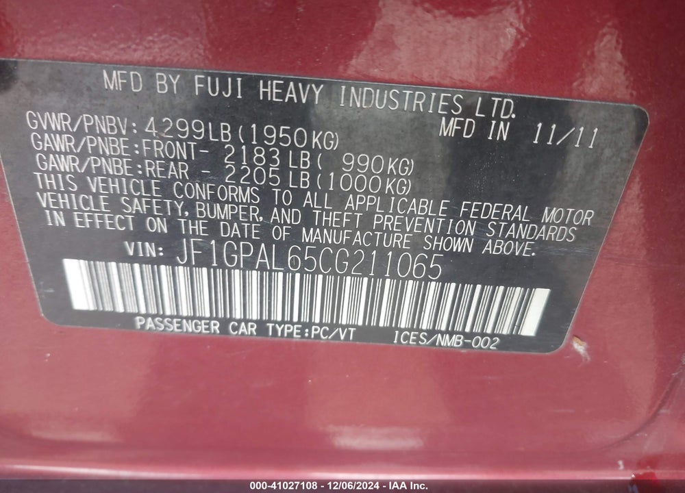 2012 SUBARU IMPREZA 2.0I SPORT PREMIUM VIN: JF1GPAL65CG211065
