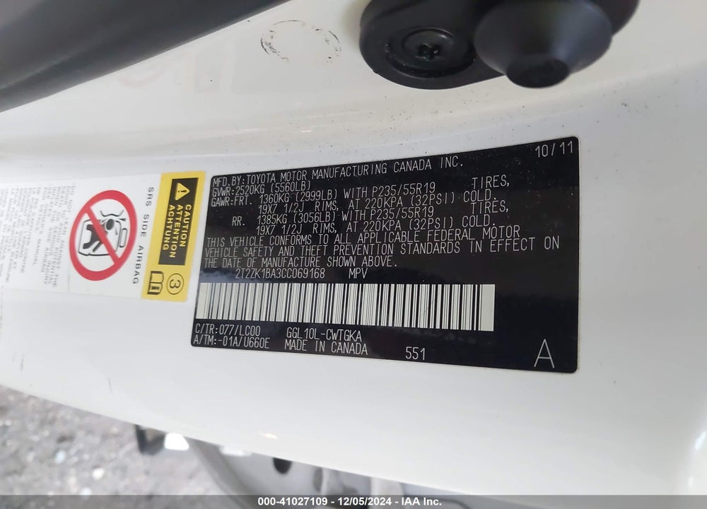 2012 LEXUS RX 350 VIN: 2T2ZK1BA3CC069168