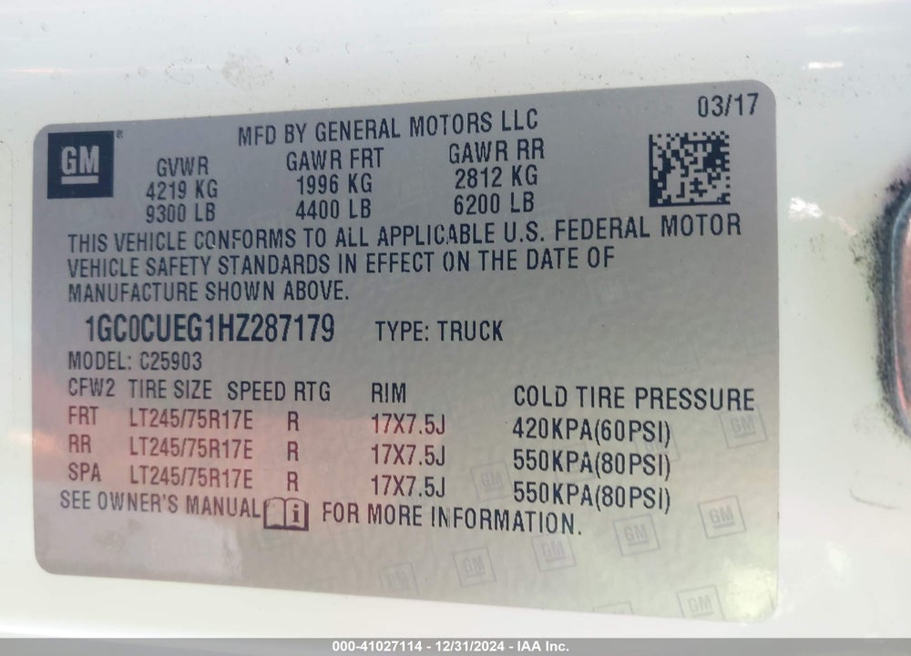 2017 CHEVROLET SILVERADO 2500HD WT VIN: 1GC0CUEG1HZ287179