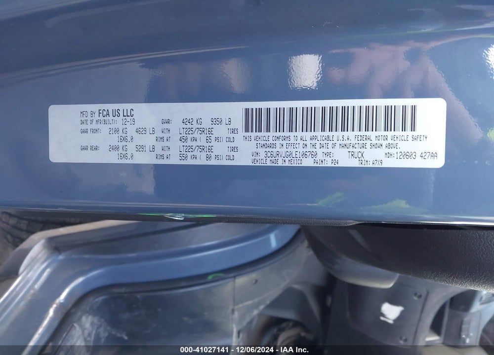 2020 RAM PROMASTER 3500 CARGO VAN HIGH ROOF 159 WB EXT VIN: 3C6URVJG0LE106760