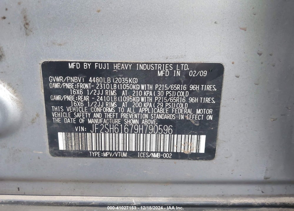 2009 SUBARU FORESTER 2.5X VIN: JF2SH61679H790596