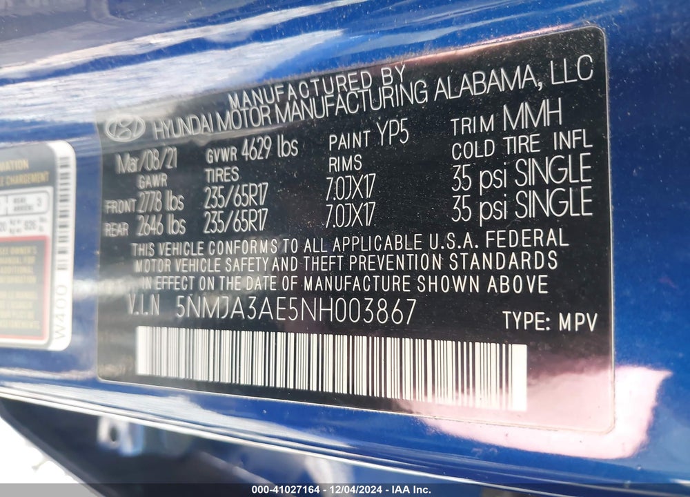 2022 HYUNDAI TUCSON SE VIN: 5NMJA3AE5NH003867