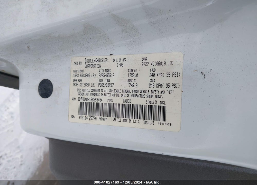 2006 DODGE DAKOTA SLT VIN: 1D7HW48N16S599454