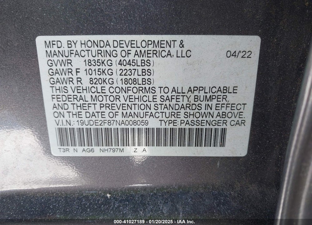 2022 ACURA ILX VIN: 19UDE2F87NA008059