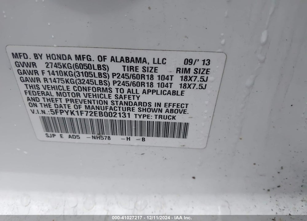 2014 HONDA RIDGELINE SPORT VIN: 5FPYK1F72EB002131