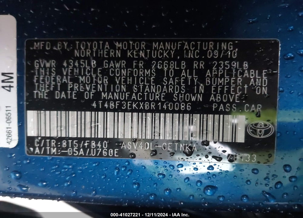 2011 TOYOTA CAMRY LE VIN: 4T4BF3EKXBR140086