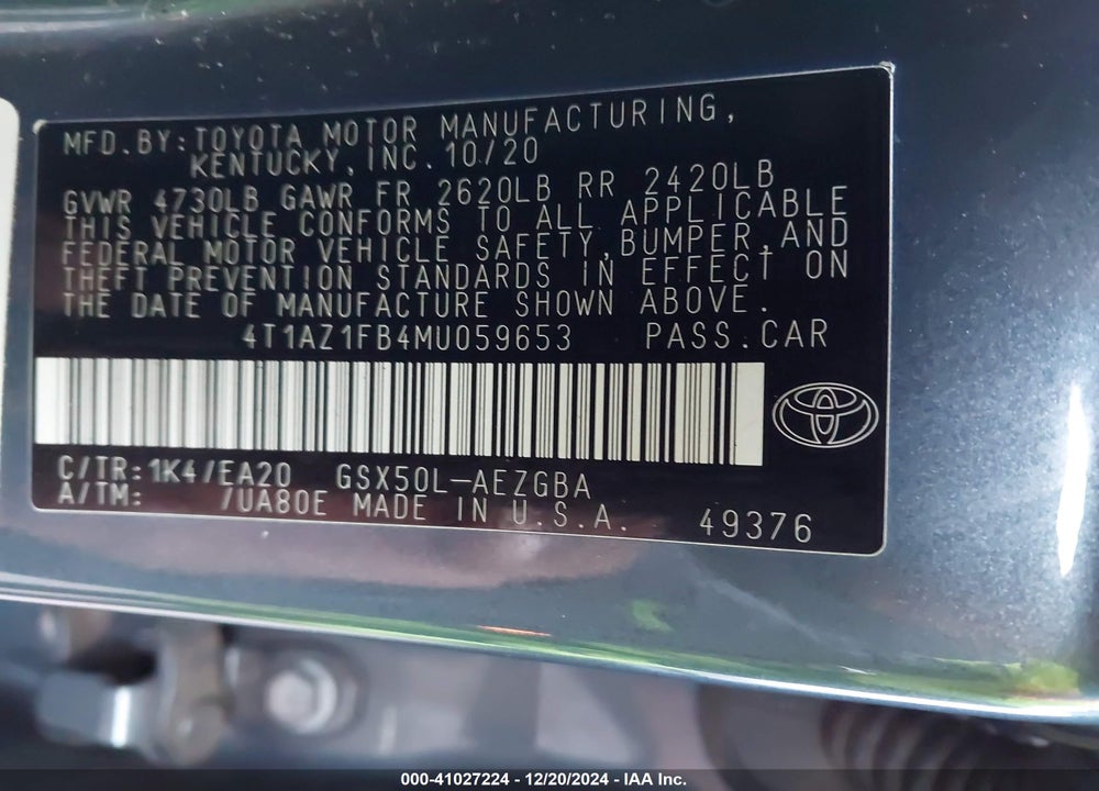2021 TOYOTA AVALON XLE VIN: 4T1AZ1FB4MU059653
