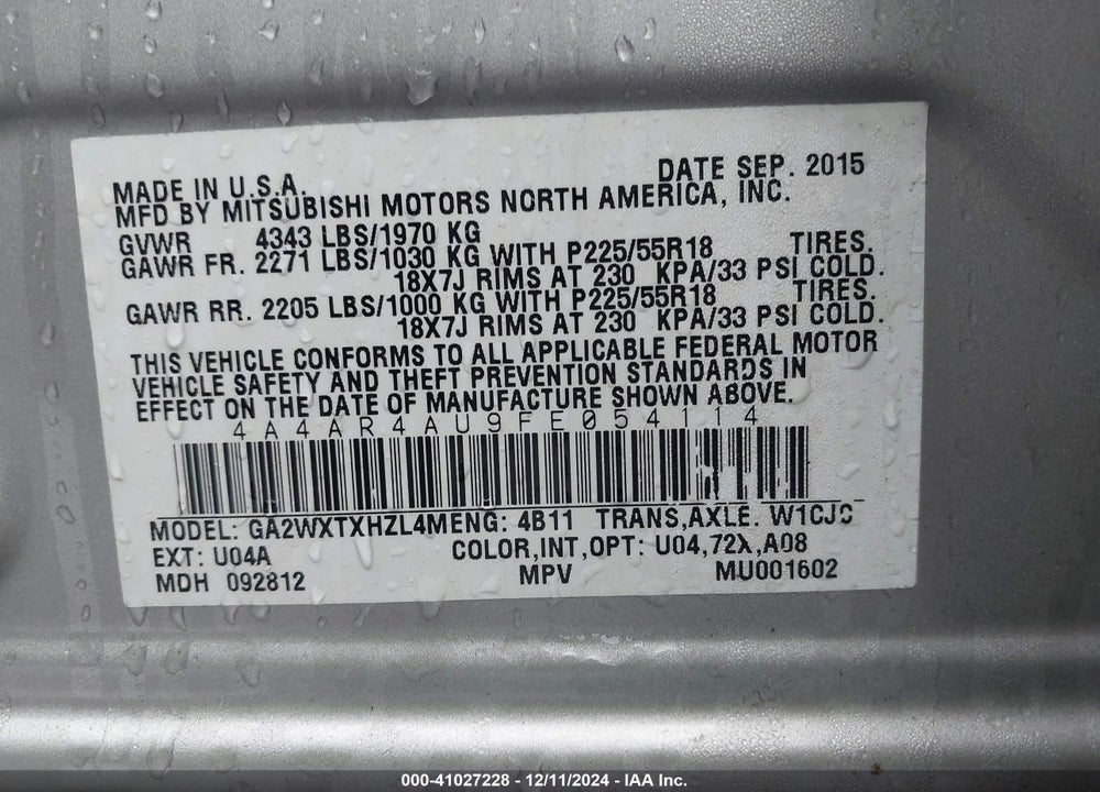 2015 MITSUBISHI OUTLANDER SPORT SE VIN: 4A4AR4AU9FE054114
