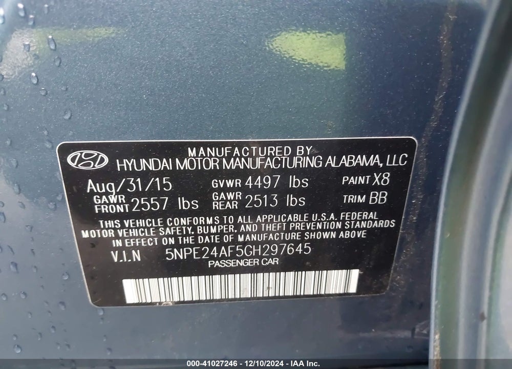 2016 HYUNDAI SONATA SE VIN: 5NPE24AF5GH297645